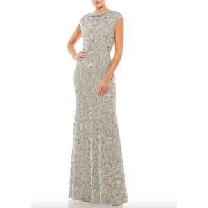 Mac Duggal Sequin Gown Formal Evening Dress 14 Silver Taupe Glam Wedding Gala